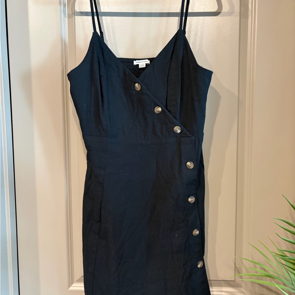 American Eagle Outfitters Black Button-Side Spaghetti Strap Mini Dress